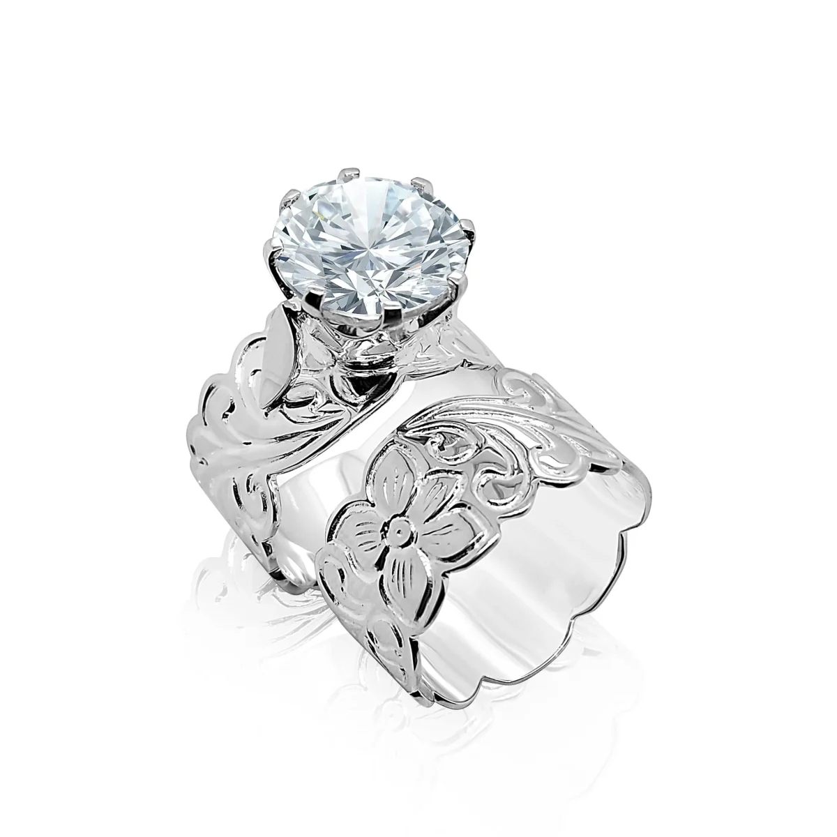 Sterling Silver 2 Piece Hawaiian Cutout Design Ring 10mm Wide With 11mm Cubic Zirconia