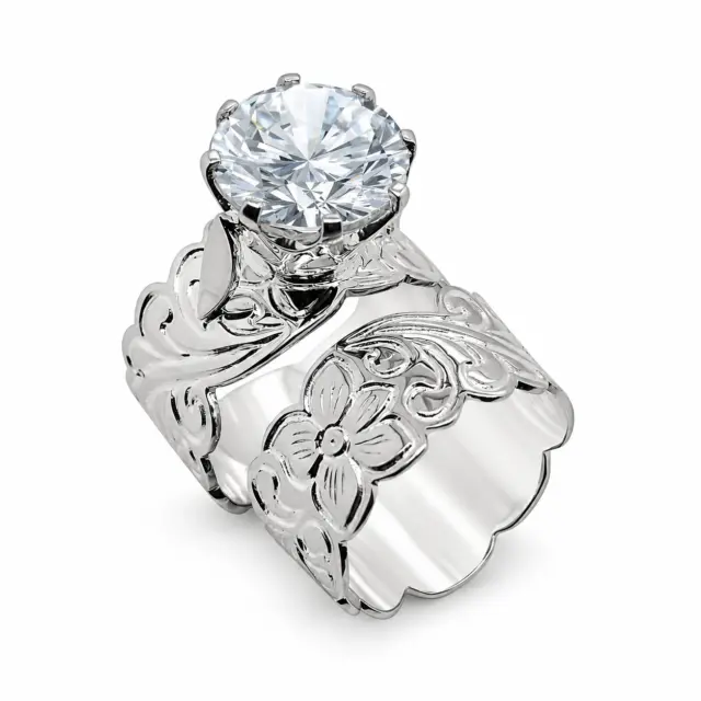 Sterling Silver 2 Piece Hawaiian Cutout Design Ring 10mm Wide With 11mm Cubic Zirconia