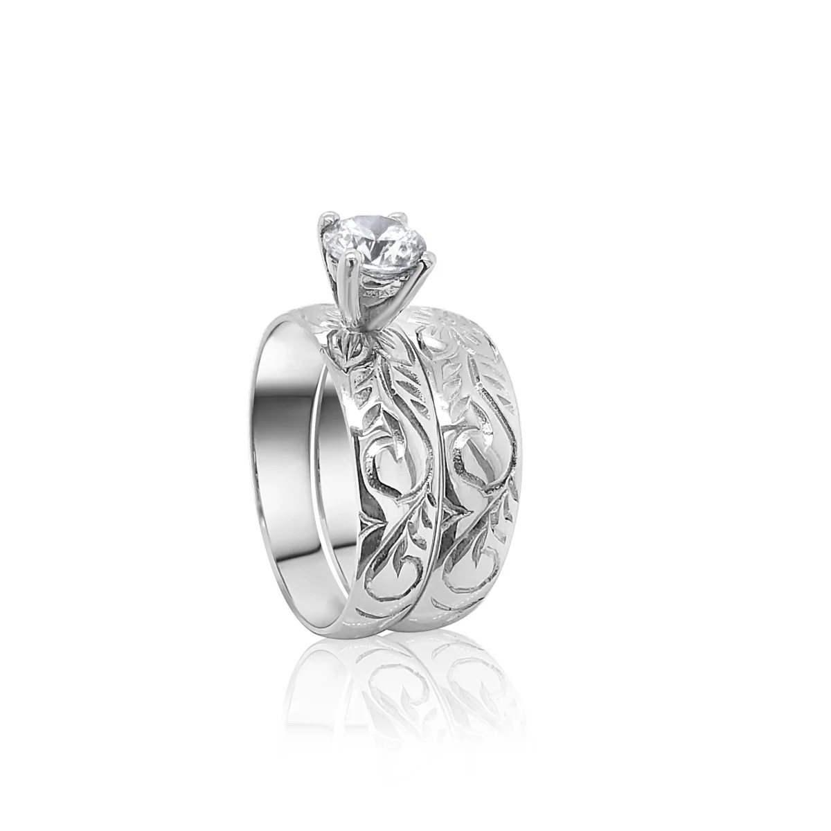 Sterling Silver 2 Piece Hawaiian Design Wedding Ring Set With Cubic Zirconia Setting