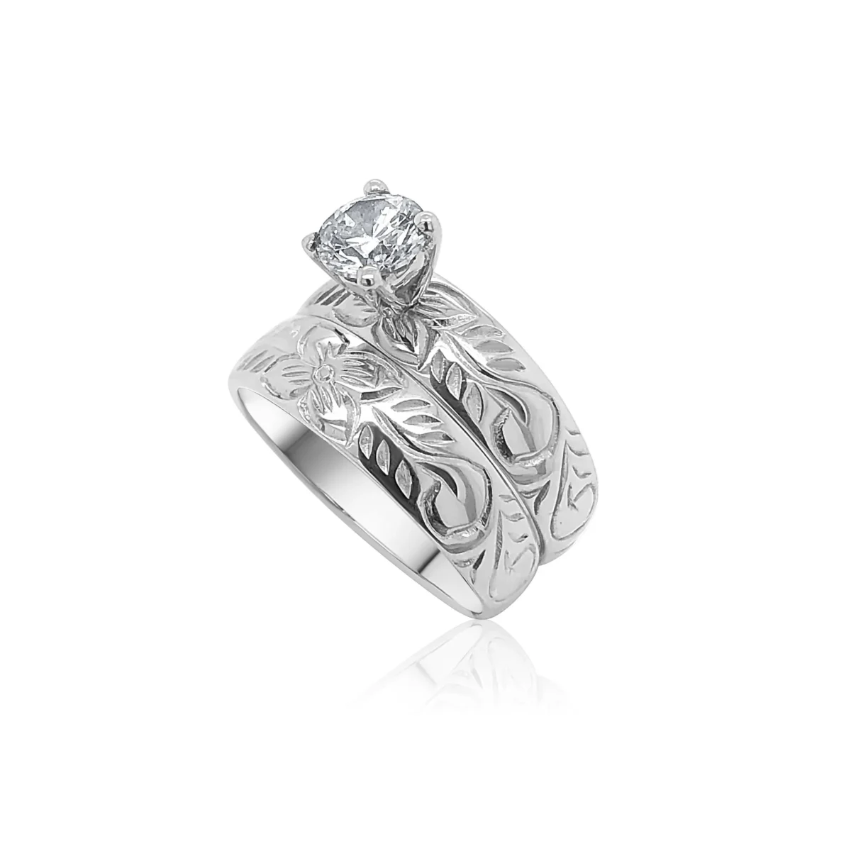 Sterling Silver 2 Piece Hawaiian Design Wedding Ring Set With Cubic Zirconia Setting