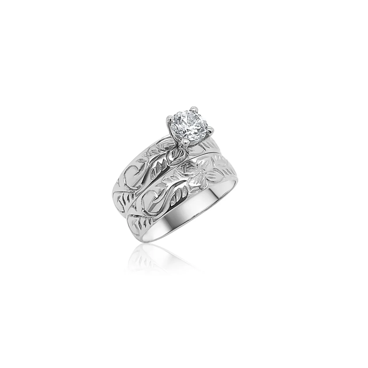 Sterling Silver 2 Piece Hawaiian Design Wedding Ring Set With Cubic Zirconia Setting
