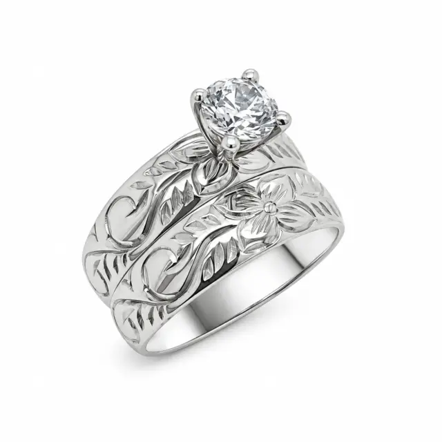 Sterling Silver 2 Piece Hawaiian Design Wedding Ring Set With Cubic Zirconia Setting