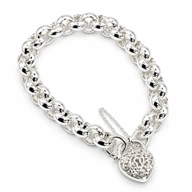 Sterling Silver 20cm Heavy Belcher Bracelet With Filigree Heart Padlock