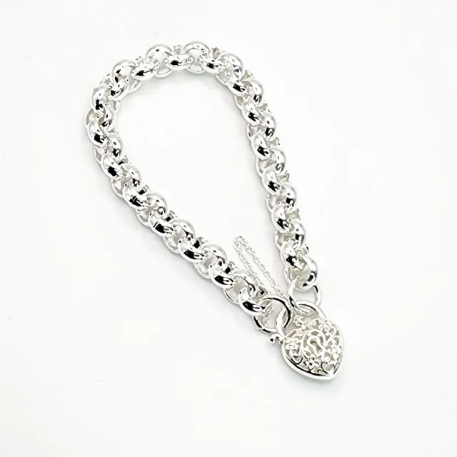 Sterling Silver 20cm Heavy Belcher Bracelet With Filigree Heart Padlock