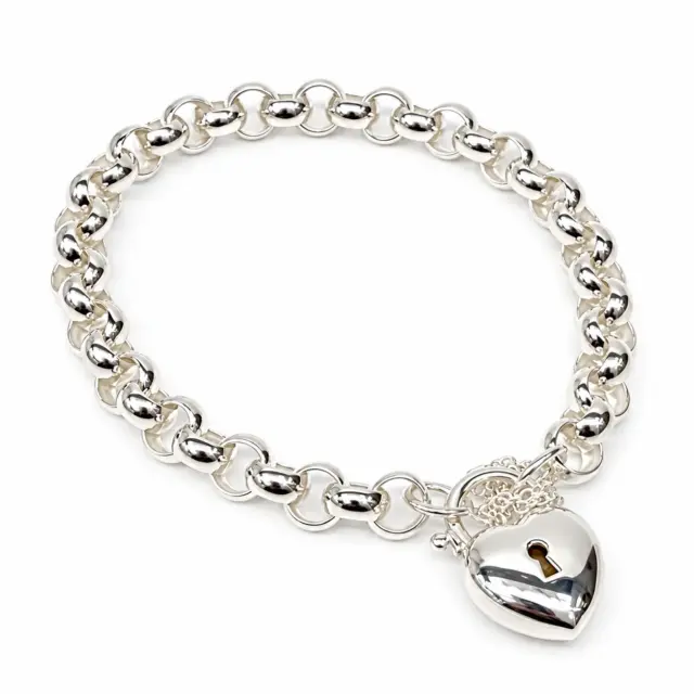 Sterling Silver 21cm Belcher Bracelet With Puff Heart Padlock