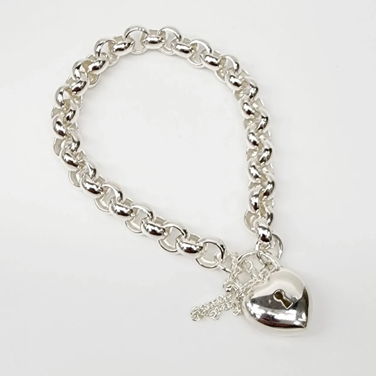 Sterling Silver 23cm Belcher Bracelet With Puff Heart Padlock