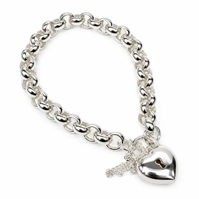 Sterling Silver 21cm Belcher Bracelet With Puff Heart Padlock