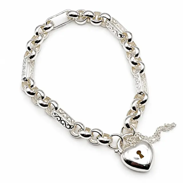 Sterling Silver 21cm Figaro Belcher Bracelet With Puff Heart Padlock