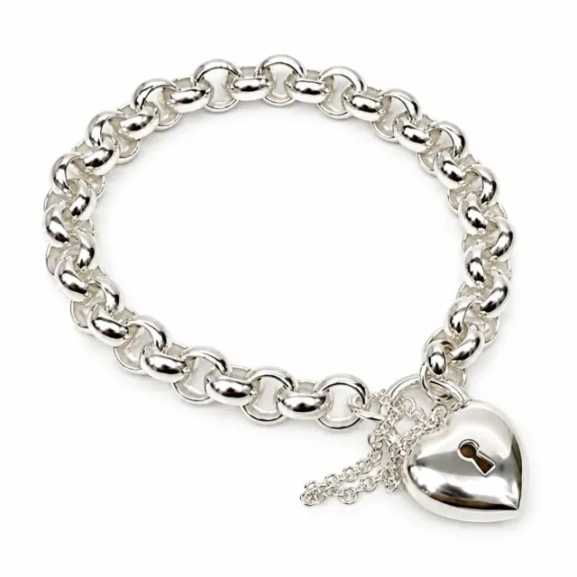 Sterling Silver 23cm Belcher Bracelet With Puff Heart Padlock