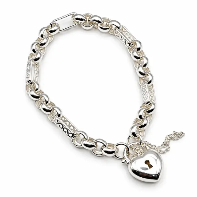 Sterling Silver 23cm Figaro Belcher Bracelet With Puff Heart Padlock