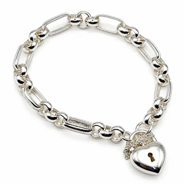 Sterling Silver 23cm Figaro Belcher Bracelet With Puff Heart Padlock
