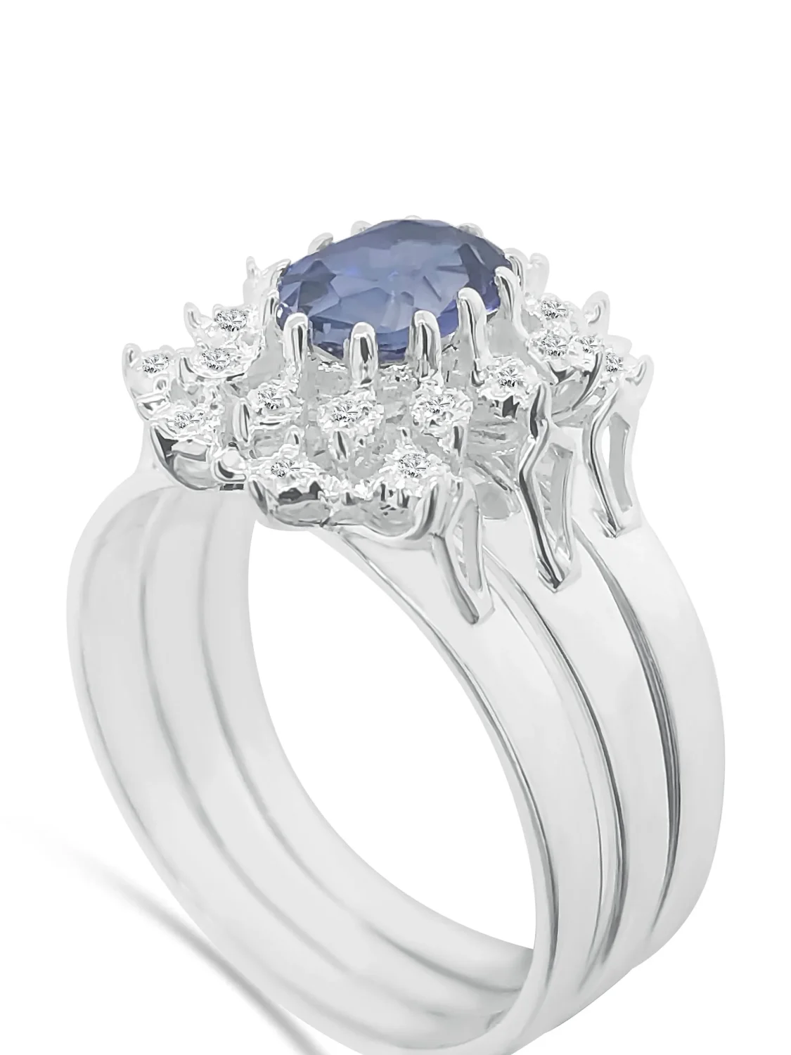 Sterling Silver 3 Piece Cluster Ring Set with Cubic Zirconia & Created Blue Sapphire Setting - S/S-D2053-BLUSAP