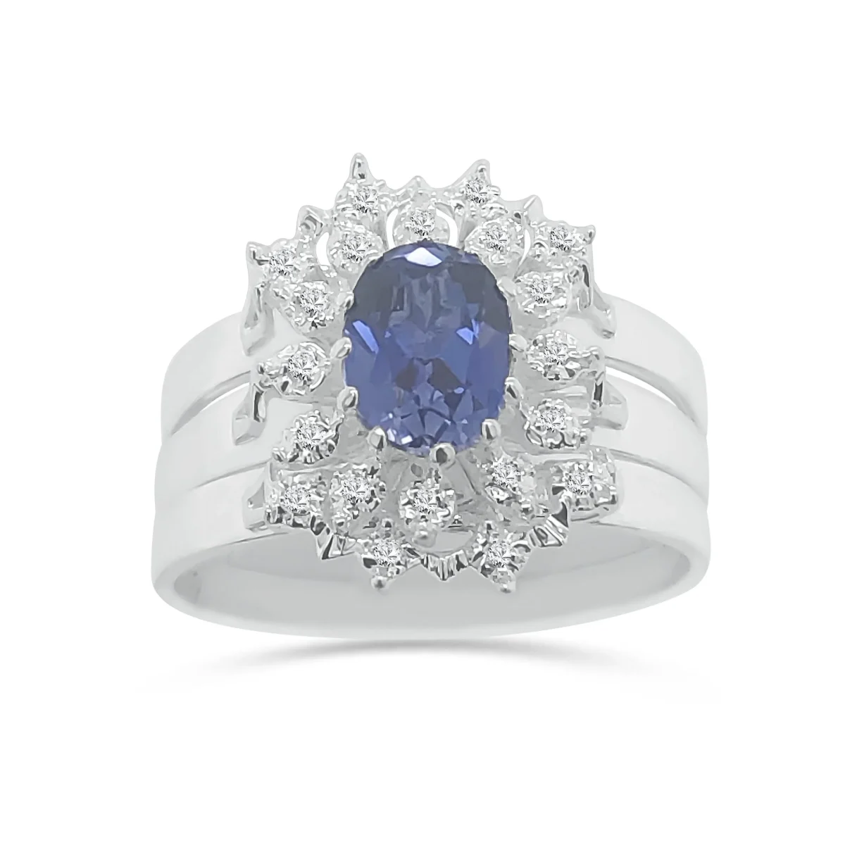 Sterling Silver 3 Piece Cluster Ring Set with Cubic Zirconia & Created Blue Sapphire Setting - S/S-D2053-BLUSAP