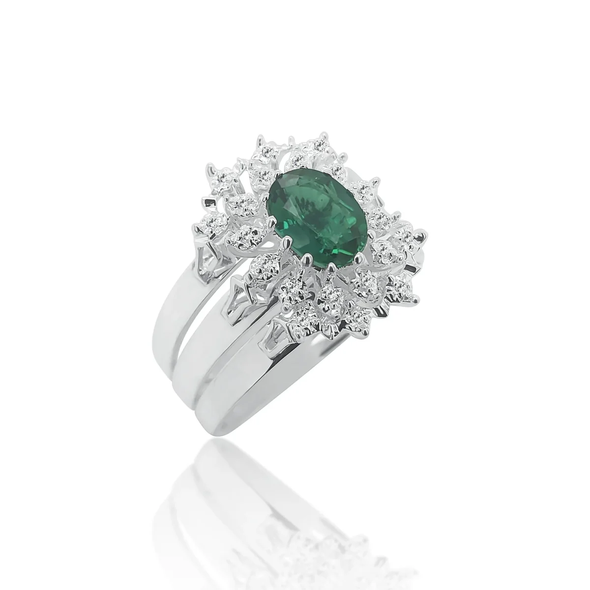 Sterling Silver 3 Piece Cluster Ring Set with Cubic Zirconia & Created Emerald Setting - S/S-D2053-EMERALD