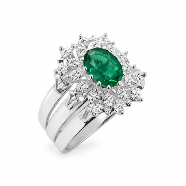 Sterling Silver 3 Piece Cluster Ring Set with Cubic Zirconia & Created Emerald Setting - S/S-D2053-EMERALD