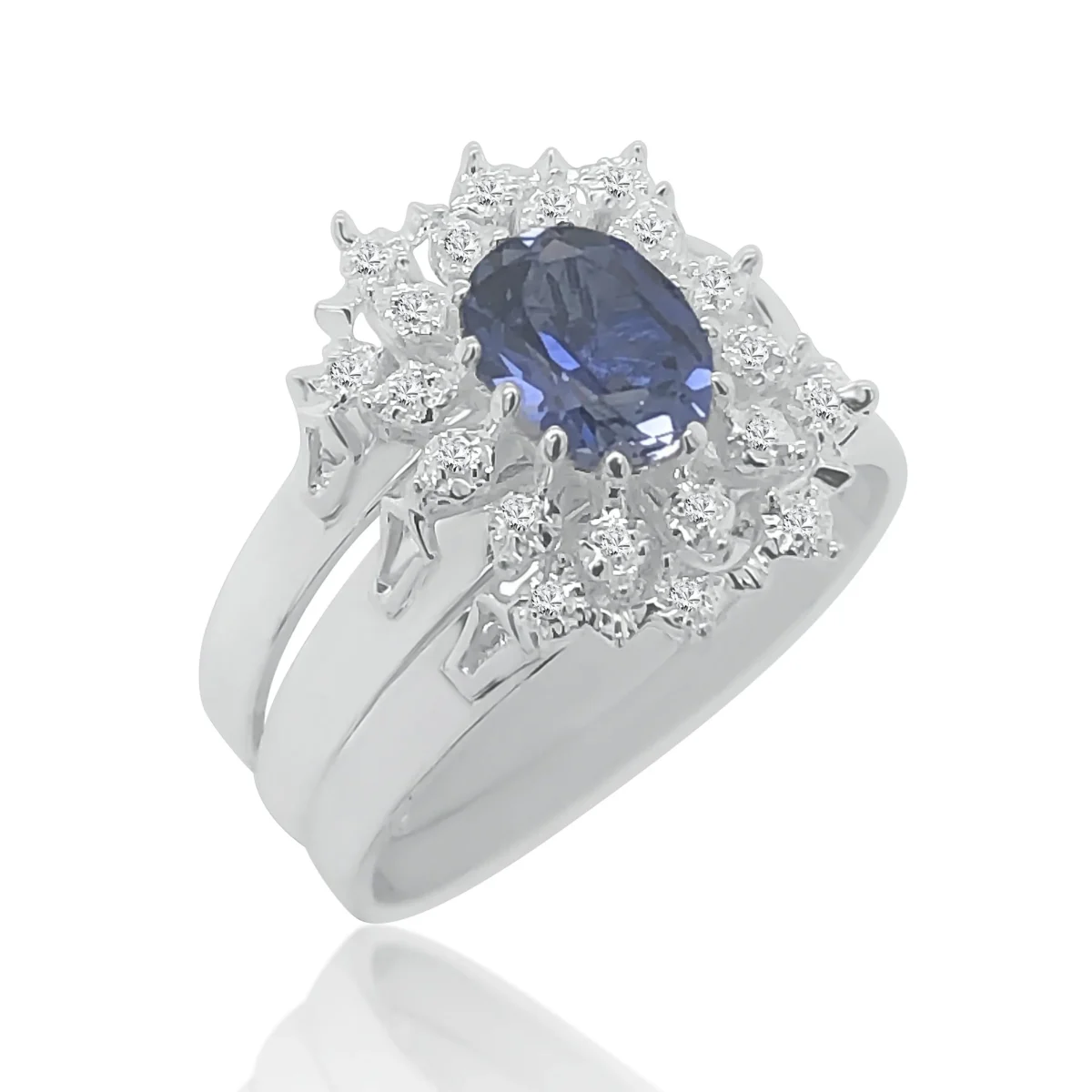 Sterling Silver 3 Piece Cluster Ring Set with Cubic Zirconia & Created Blue Sapphire Setting - S/S-D2053-BLUSAP