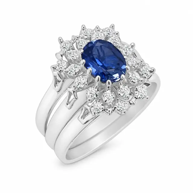 Sterling Silver 3 Piece Cluster Ring Set with Cubic Zirconia & Created Blue Sapphire Setting - S/S-D2053-BLUSAP