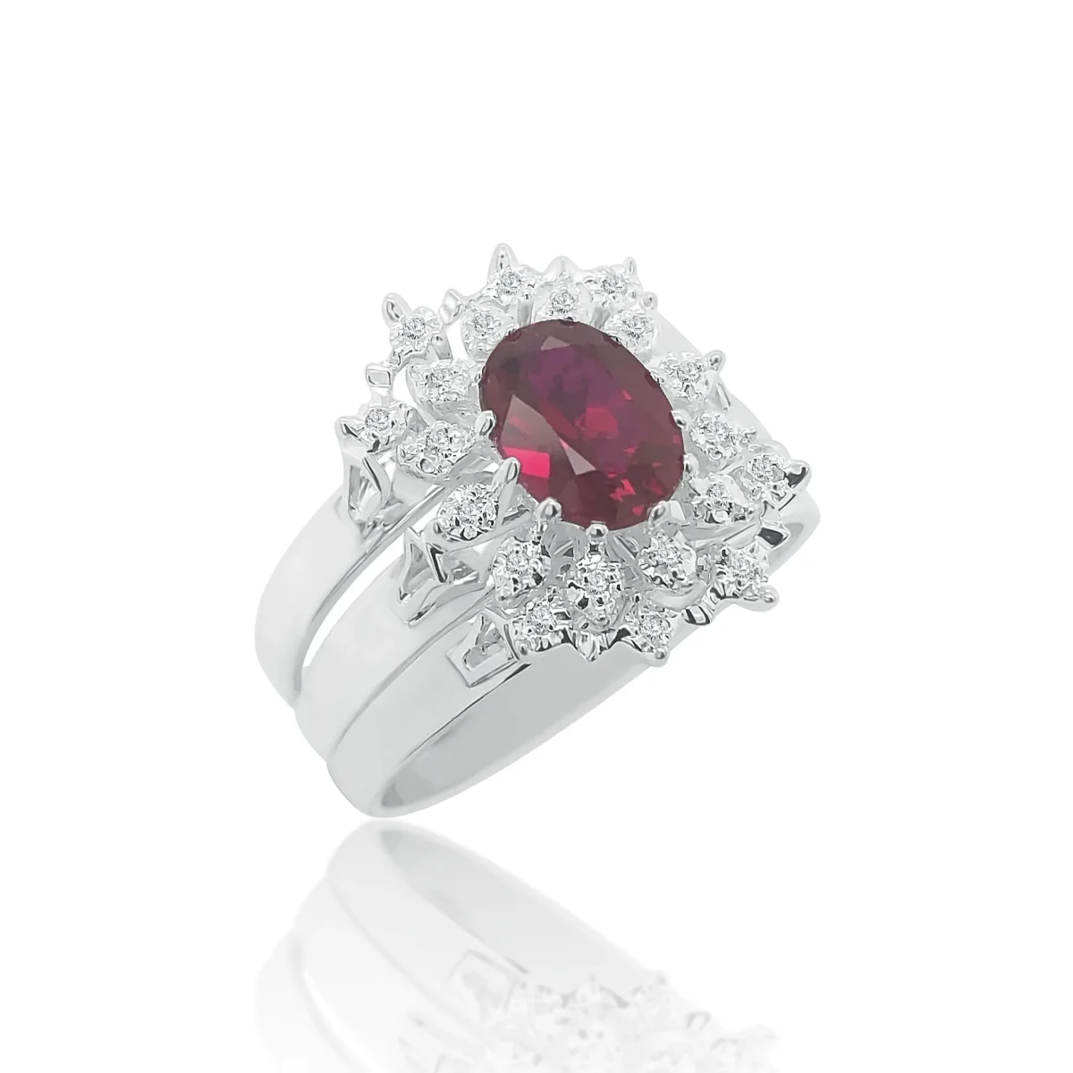 Sterling Silver 3 Piece Cluster Ring Set with Cubic Zirconia & Created Ruby Setting - S/S-D2053-RUBY