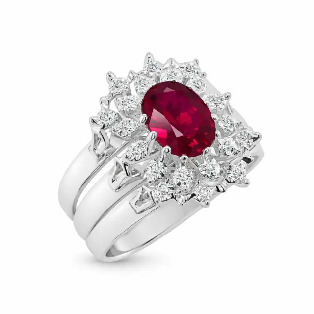 Sterling Silver 3 Piece Cluster Ring Set with Cubic Zirconia & Created Ruby Setting - S/S-D2053-RUBY