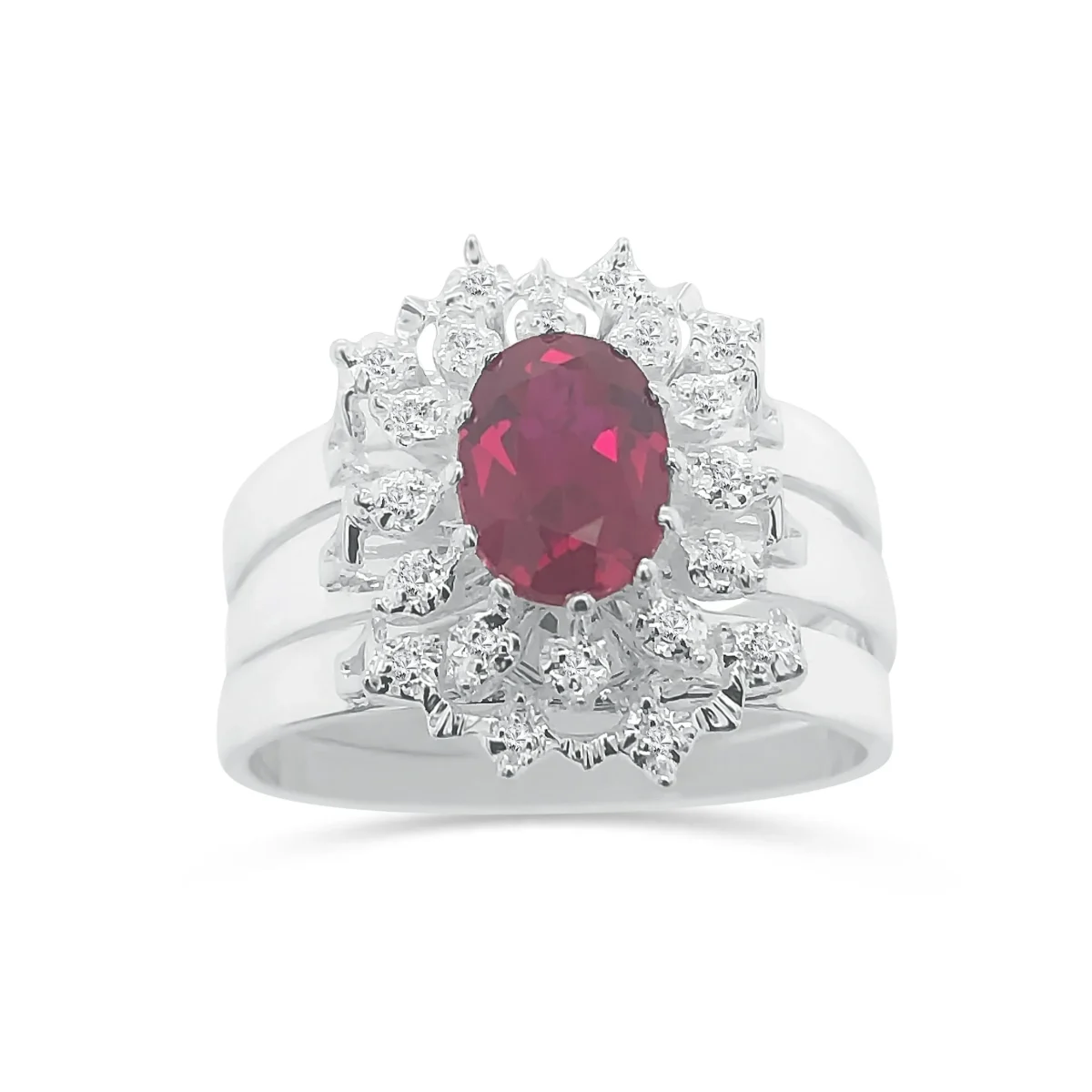 Sterling Silver 3 Piece Cluster Ring Set with Cubic Zirconia & Created Ruby Setting - S/S-D2053-RUBY