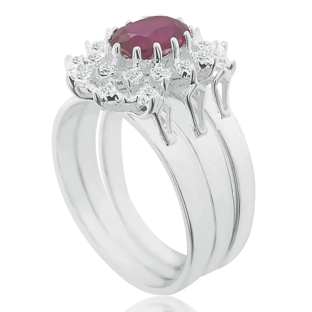 Sterling Silver 3 Piece Cluster Ring Set with Cubic Zirconia & Created Ruby Setting - S/S-D2053-RUBY