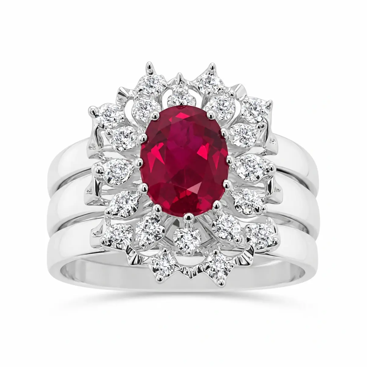 Sterling Silver 3 Piece Cluster Ring Set with Cubic Zirconia & Created Ruby Setting - S/S-D2053-RUBY