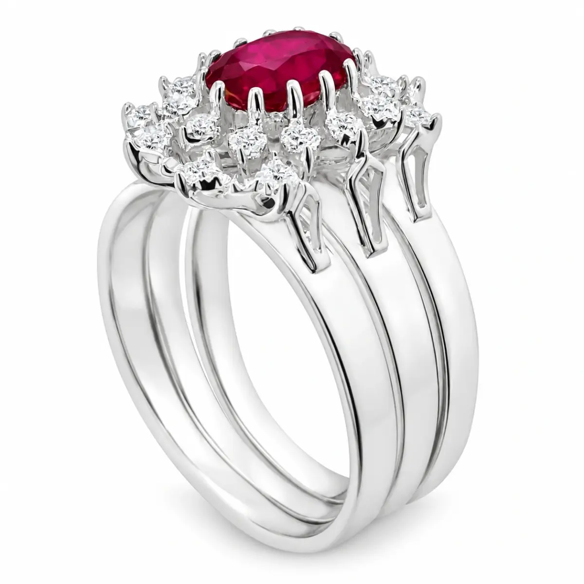 Sterling Silver 3 Piece Cluster Ring Set with Cubic Zirconia & Created Ruby Setting - S/S-D2053-RUBY
