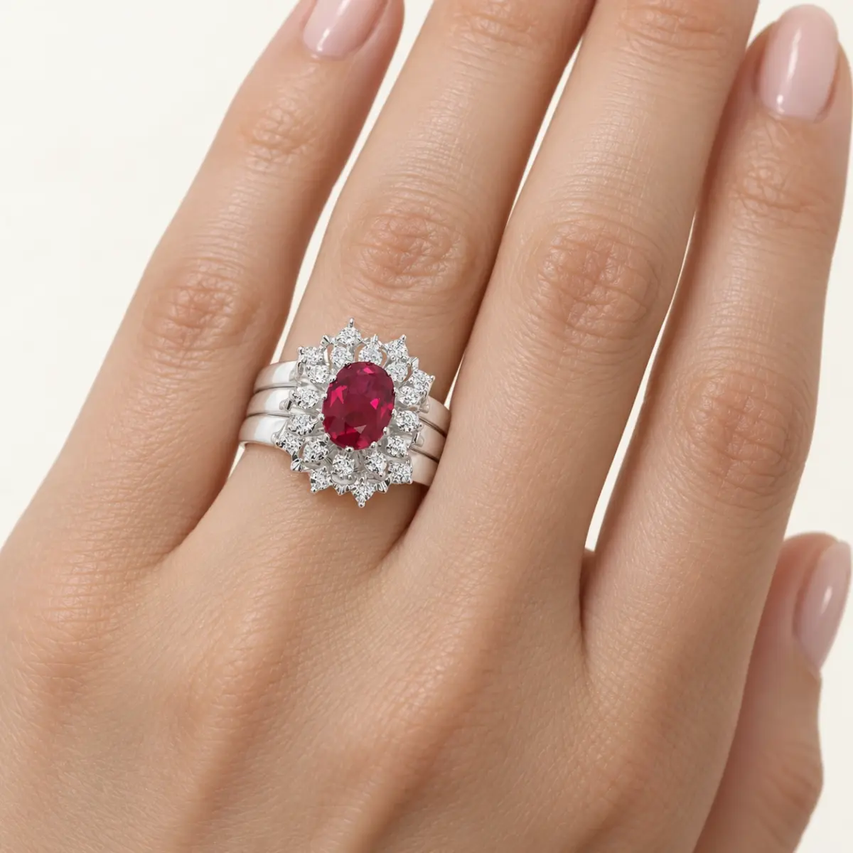 Sterling Silver 3 Piece Cluster Ring Set with Cubic Zirconia & Created Ruby Setting - S/S-D2053-RUBY