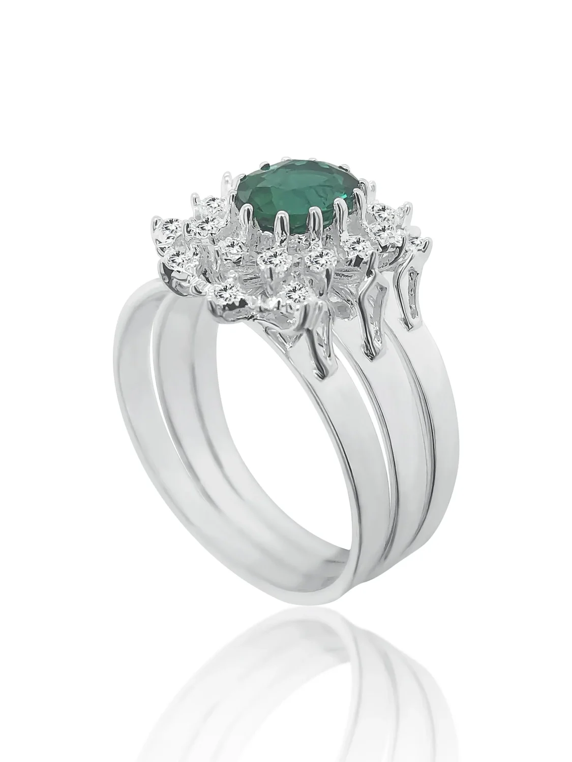 Sterling Silver 3 Piece Cluster Ring Set with Cubic Zirconia & Created Emerald Setting - S/S-D2053-EMERALD