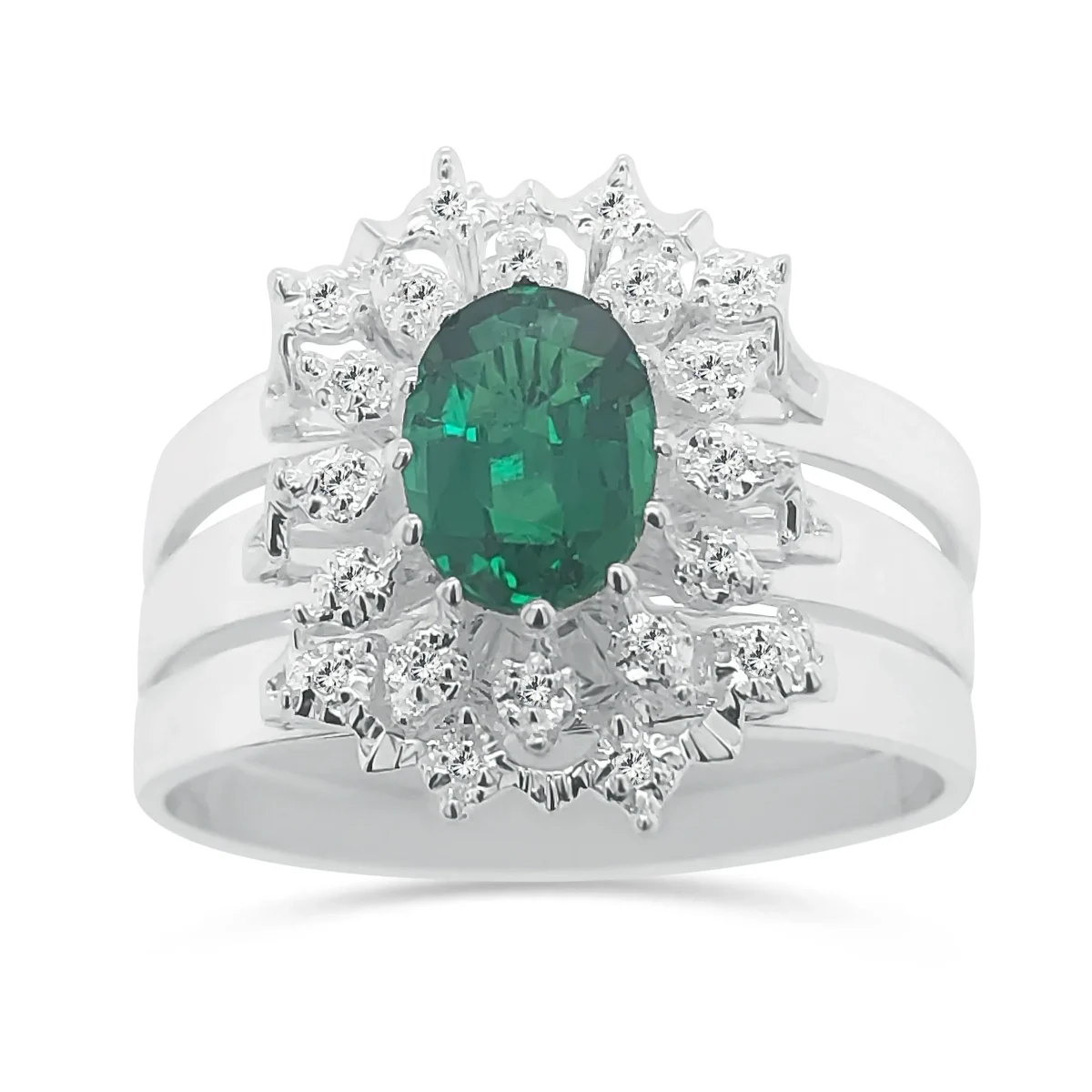 Sterling Silver 3 Piece Cluster Ring Set with Cubic Zirconia & Created Emerald Setting - S/S-D2053-EMERALD