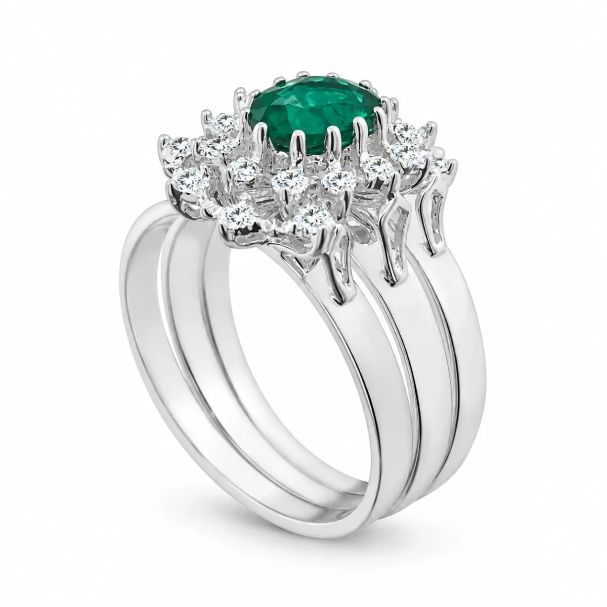 Sterling Silver 3 Piece Cluster Ring Set with Cubic Zirconia & Created Emerald Setting - S/S-D2053-EMERALD