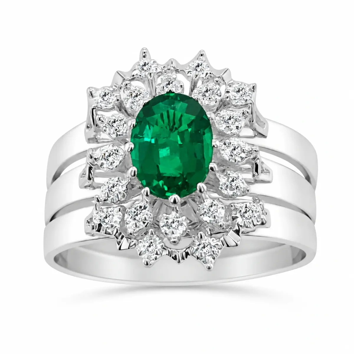 Sterling Silver 3 Piece Cluster Ring Set with Cubic Zirconia & Created Emerald Setting - S/S-D2053-EMERALD