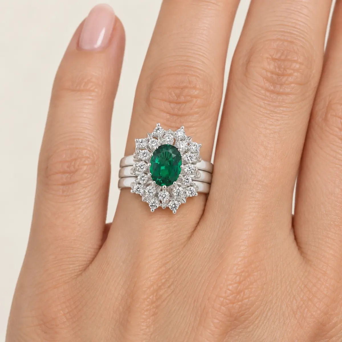 Sterling Silver 3 Piece Cluster Ring Set with Cubic Zirconia & Created Emerald Setting - S/S-D2053-EMERALD