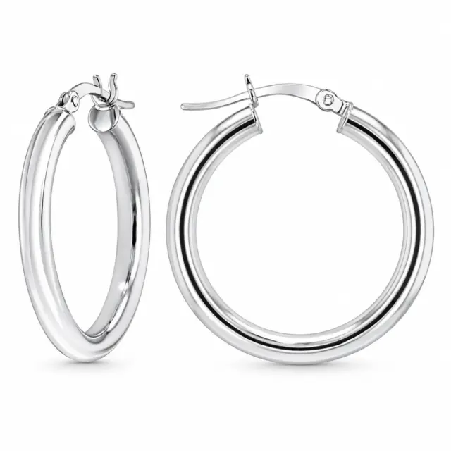 Sterling Silver 30mm x 3mm Polished Round Plain Hoop Earrings