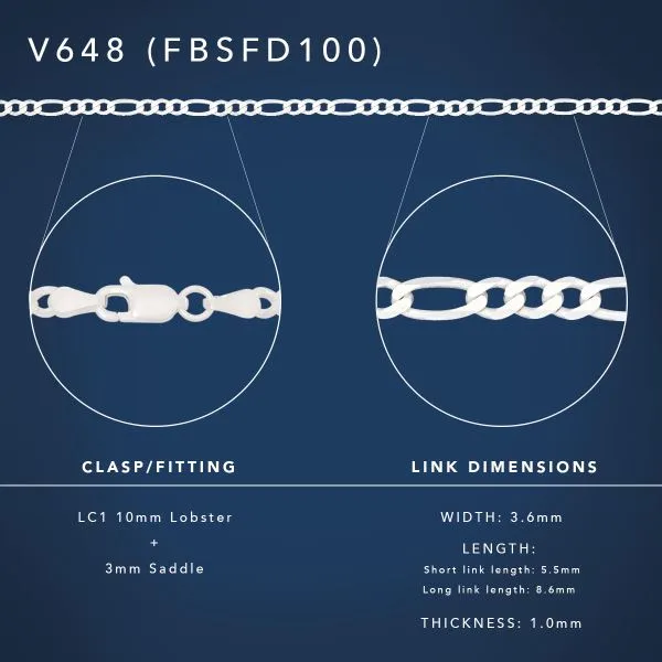 Sterling Silver FBSFD100 Flat Bevelled Figaro 1/3 Chain