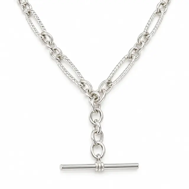 Sterling Silver 50cm Figaro Chain Necklace with T-Bar Pendant - SNK3-TWIST