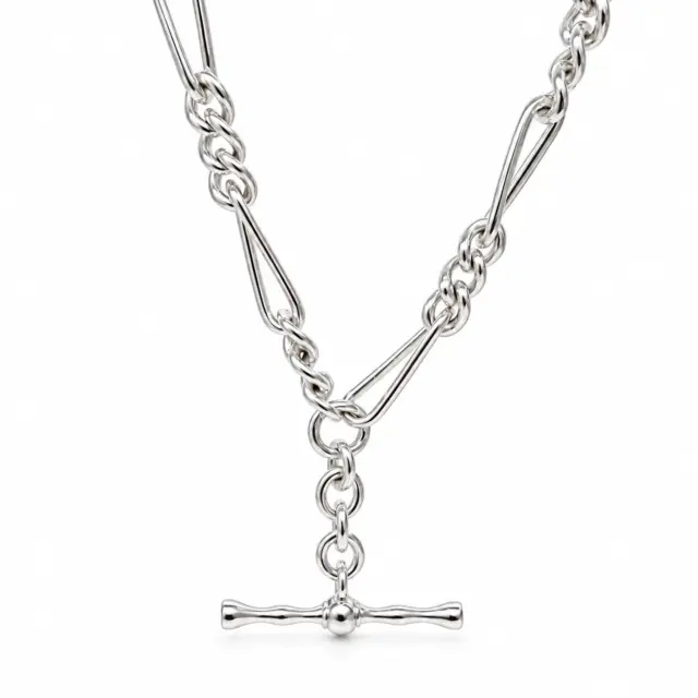Sterling Silver 55cm Figaro Chain Necklace with T-Bar Pendant - SNK3
