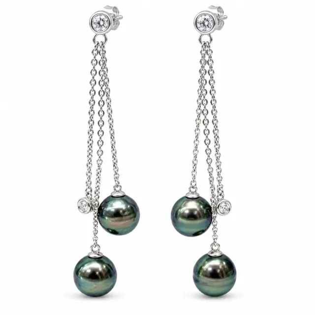 Sterling Silver 8.5mm Round Tahitian Black Pearl Earrings - EA0546
