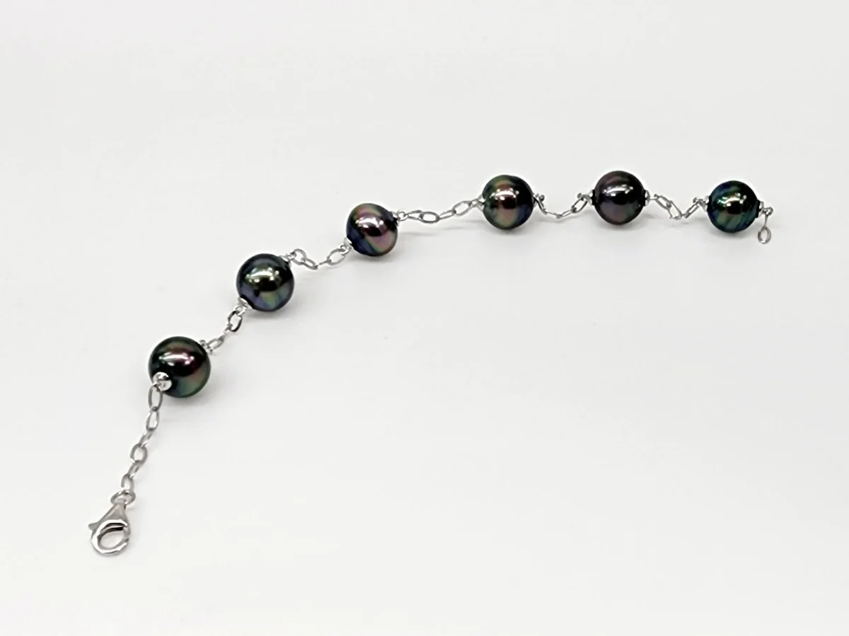 Sterling Silver 9.5mm Round Tahitian Black Pearl Bracelet 18cm Long - GB0005-6P-18cm