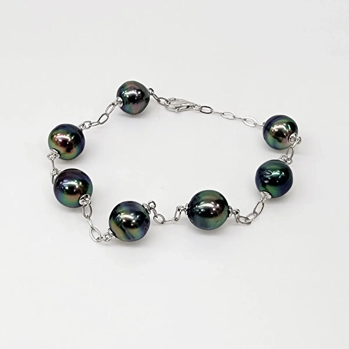Sterling Silver 9.5mm Round Tahitian Black Pearl Bracelet 18cm Long - GB0005-6P-21cm