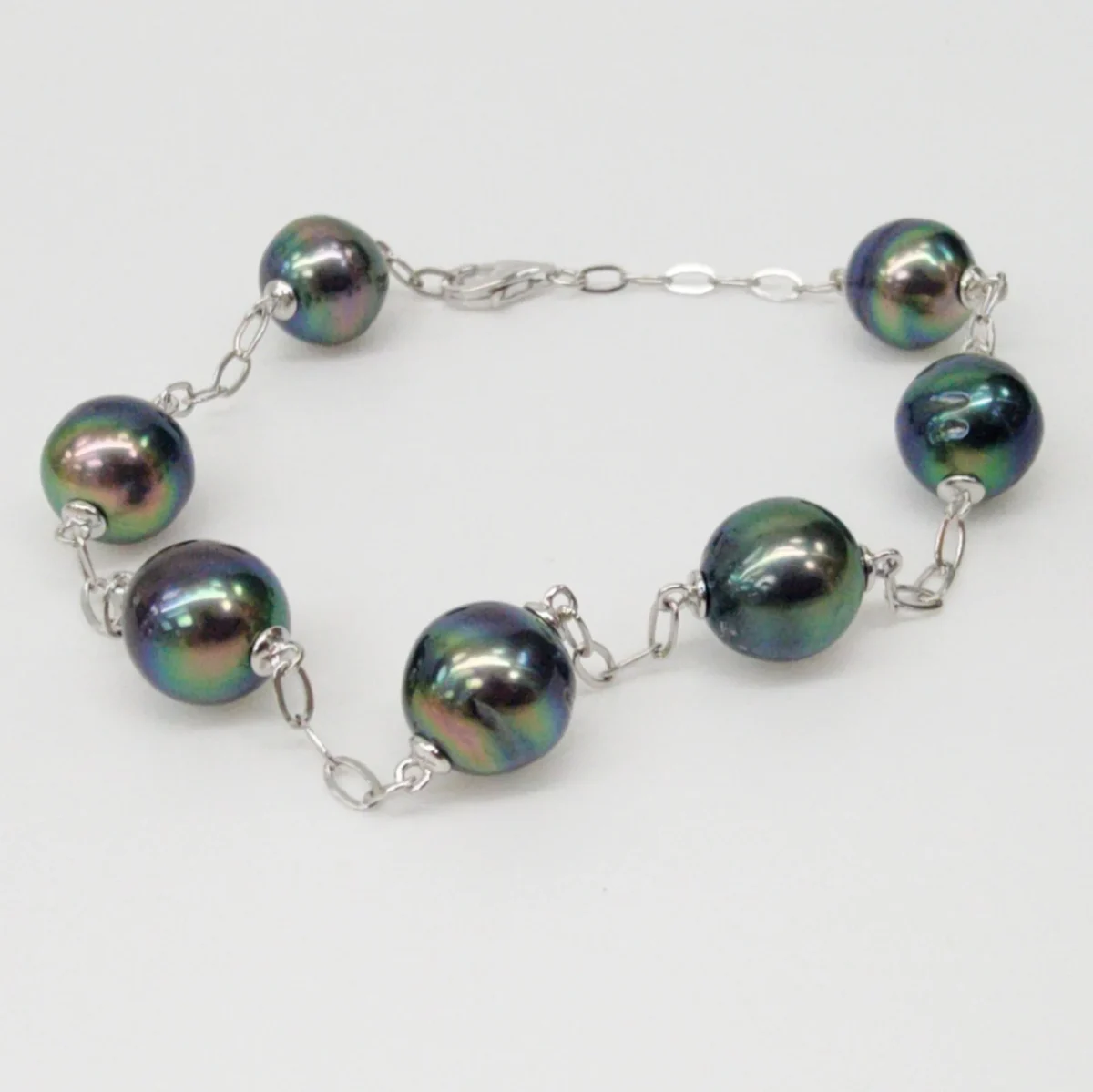 Sterling Silver 9.5mm Round Tahitian Black Pearl Bracelet 18cm Long - GB0005-6P-21cm