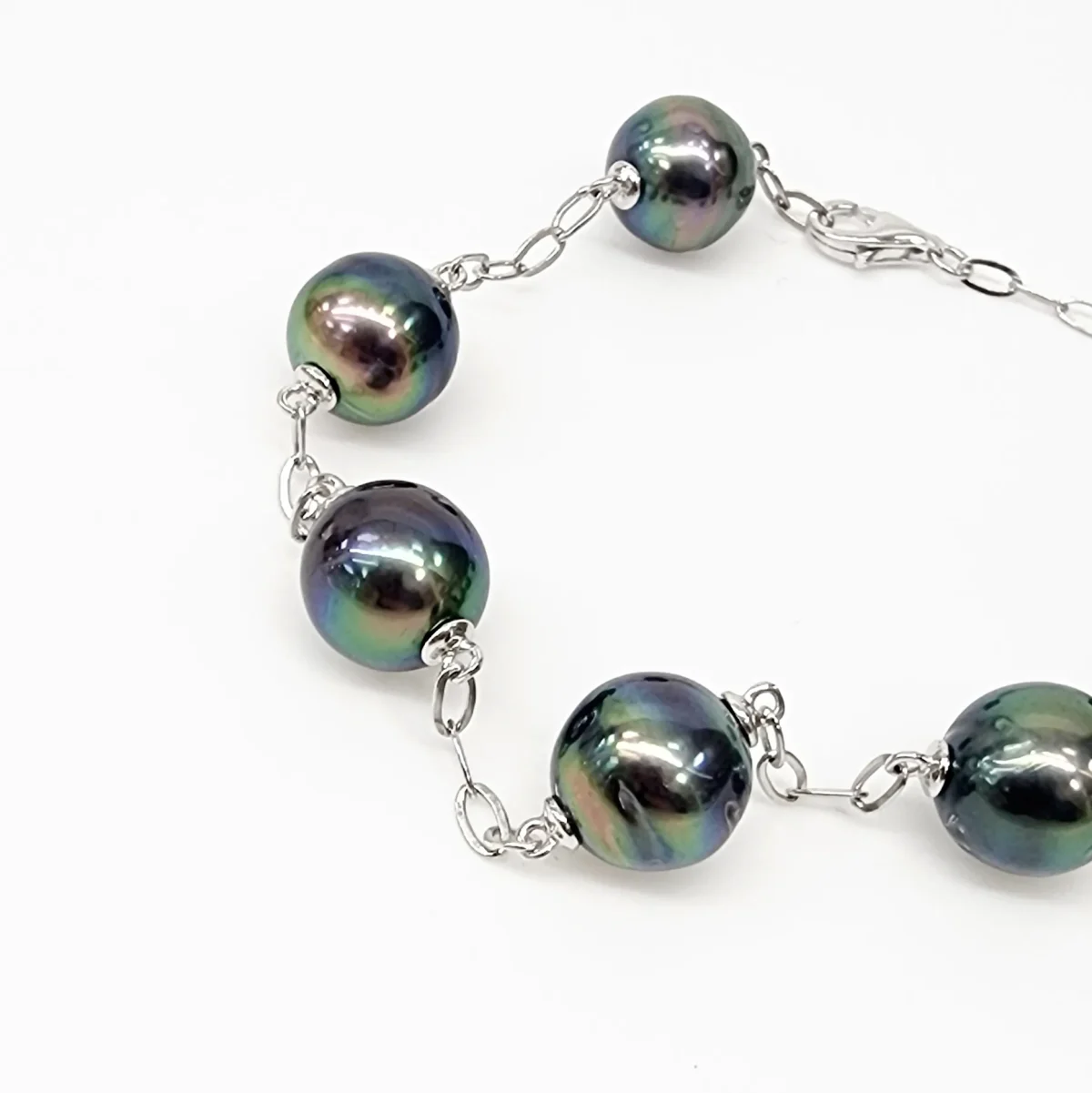 Sterling Silver 9.5mm Round Tahitian Black Pearl Bracelet 18cm Long - GB0005-6P-21cm