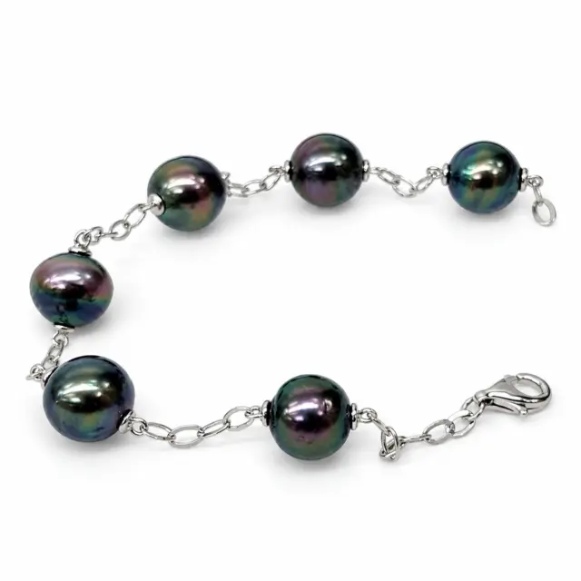 Sterling Silver 9.5mm Round Tahitian Black Pearl Bracelet 18cm Long - GB0005-6P-18cm