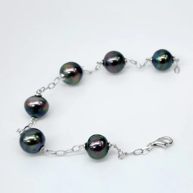 Sterling Silver 9.5mm Round Tahitian Black Pearl Bracelet 18cm Long - GB0005-6P-18cm