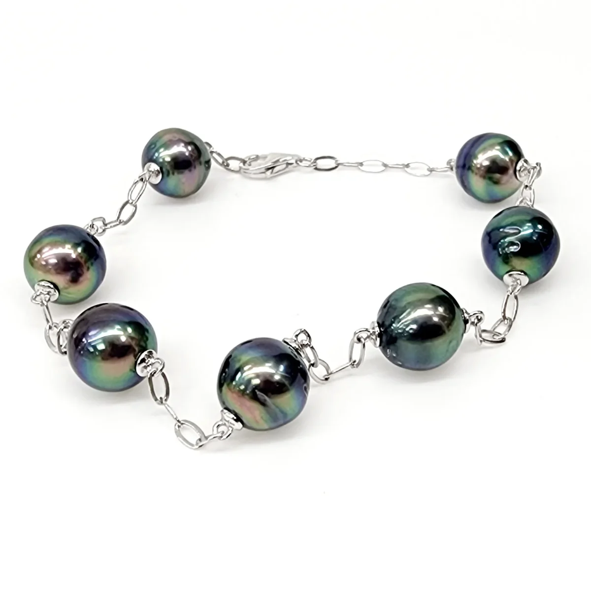 Sterling Silver 9.5mm Round Tahitian Black Pearl Bracelet 18cm Long - GB0005-6P-21cm