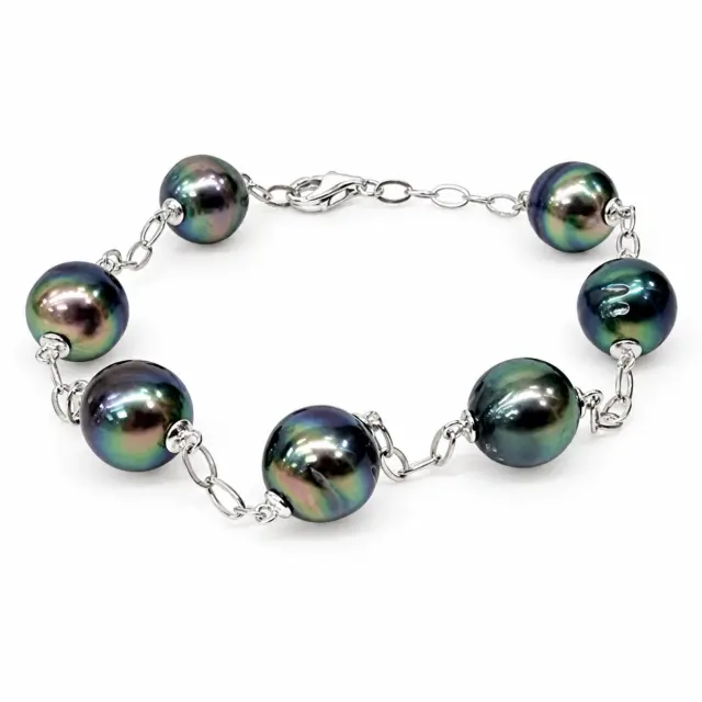 Sterling Silver 9.5mm Round Tahitian Black Pearl Bracelet 18cm Long - GB0005-6P-21cm