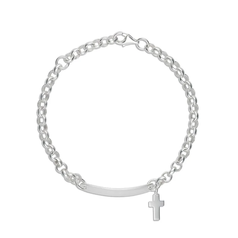 Sterling Silver Belcher Link ID Bracelet with Cross Charm - BLC01A