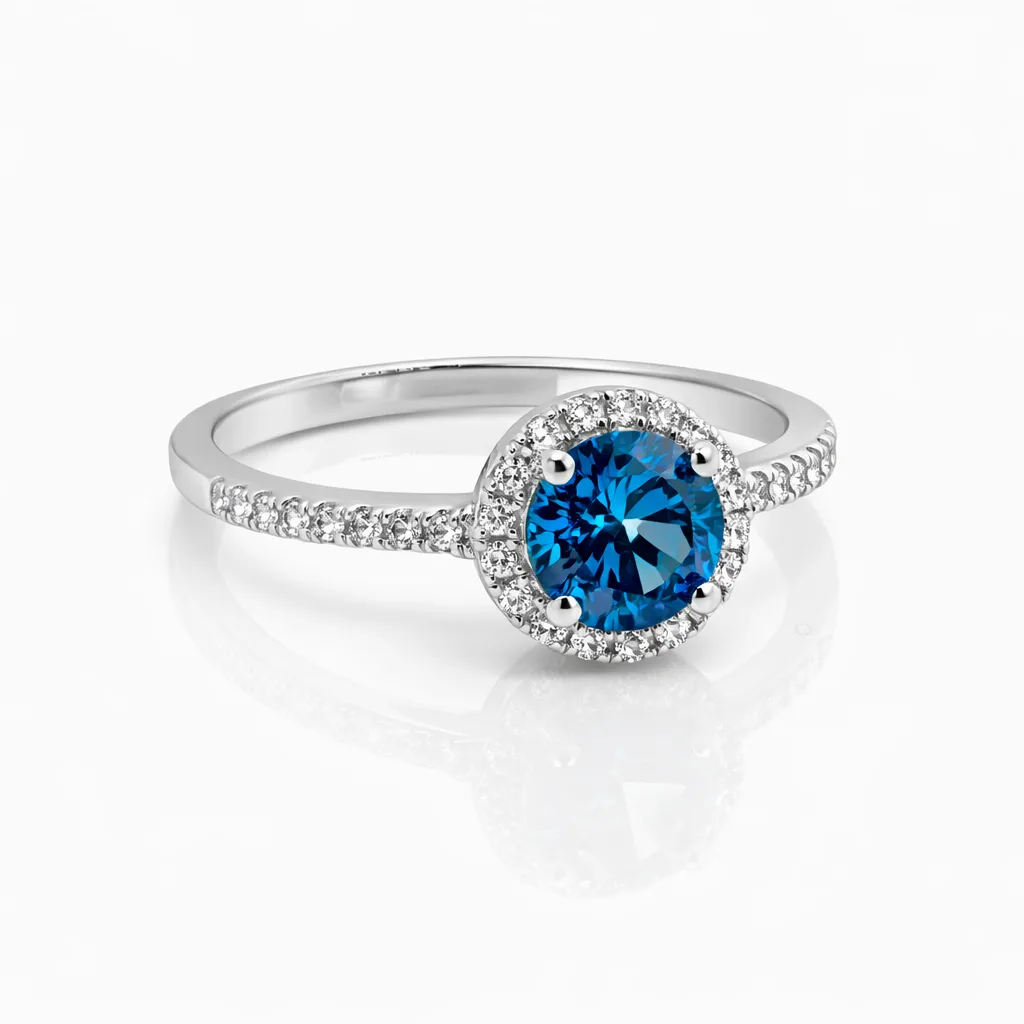 Sterling Silver Blue Topaz Colour CZ Halo Ring – 6mm Round Centre Stone - PT2020