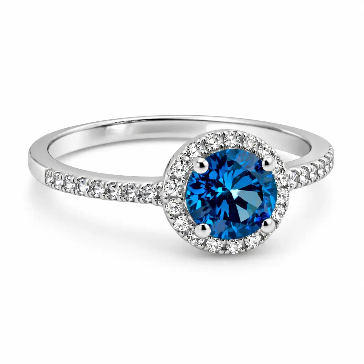 Sterling Silver Blue Topaz Colour CZ Halo Ring – 6mm Round Centre Stone - PT2020