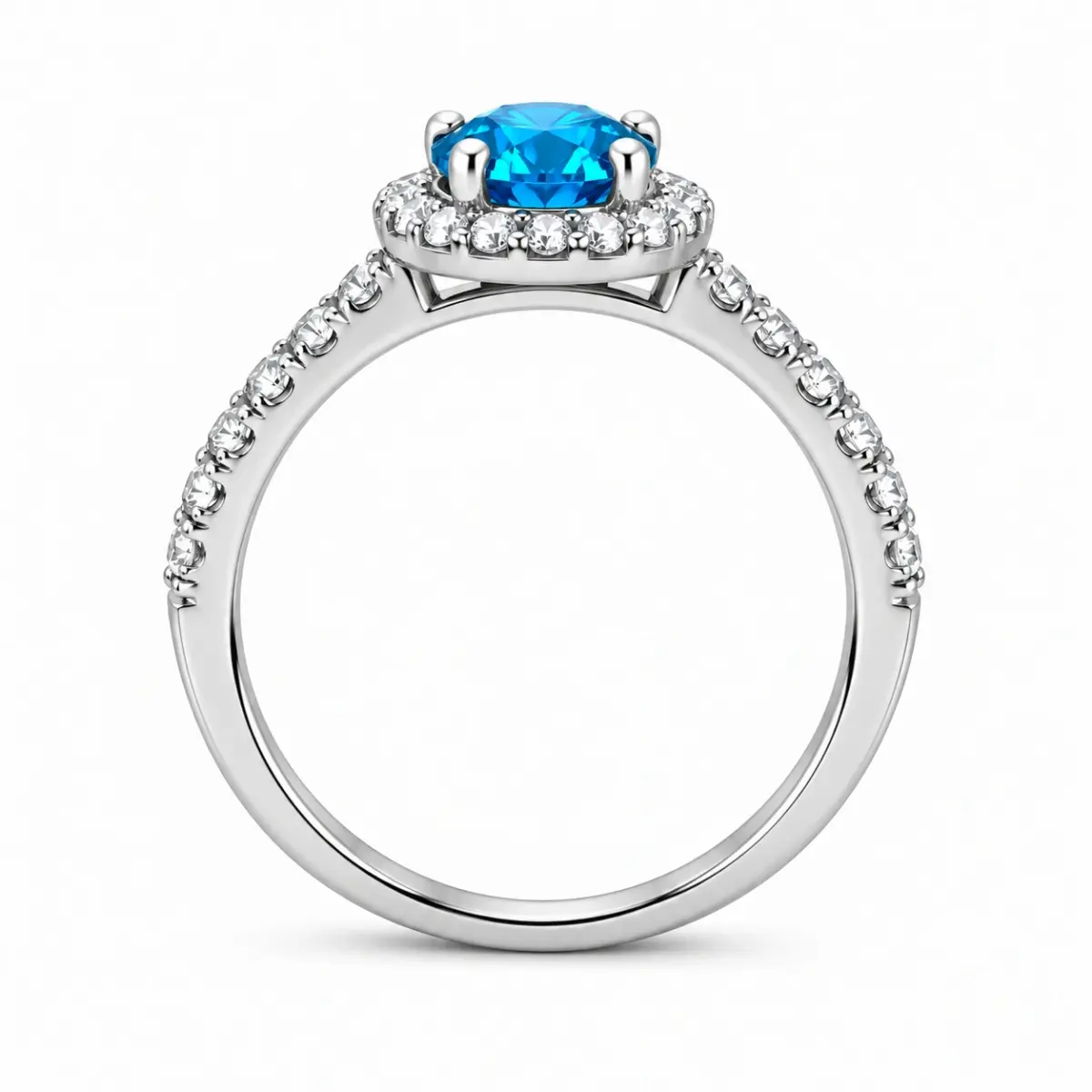Sterling Silver Blue Topaz Colour CZ Halo Ring – 6mm Round Centre Stone - PT2020